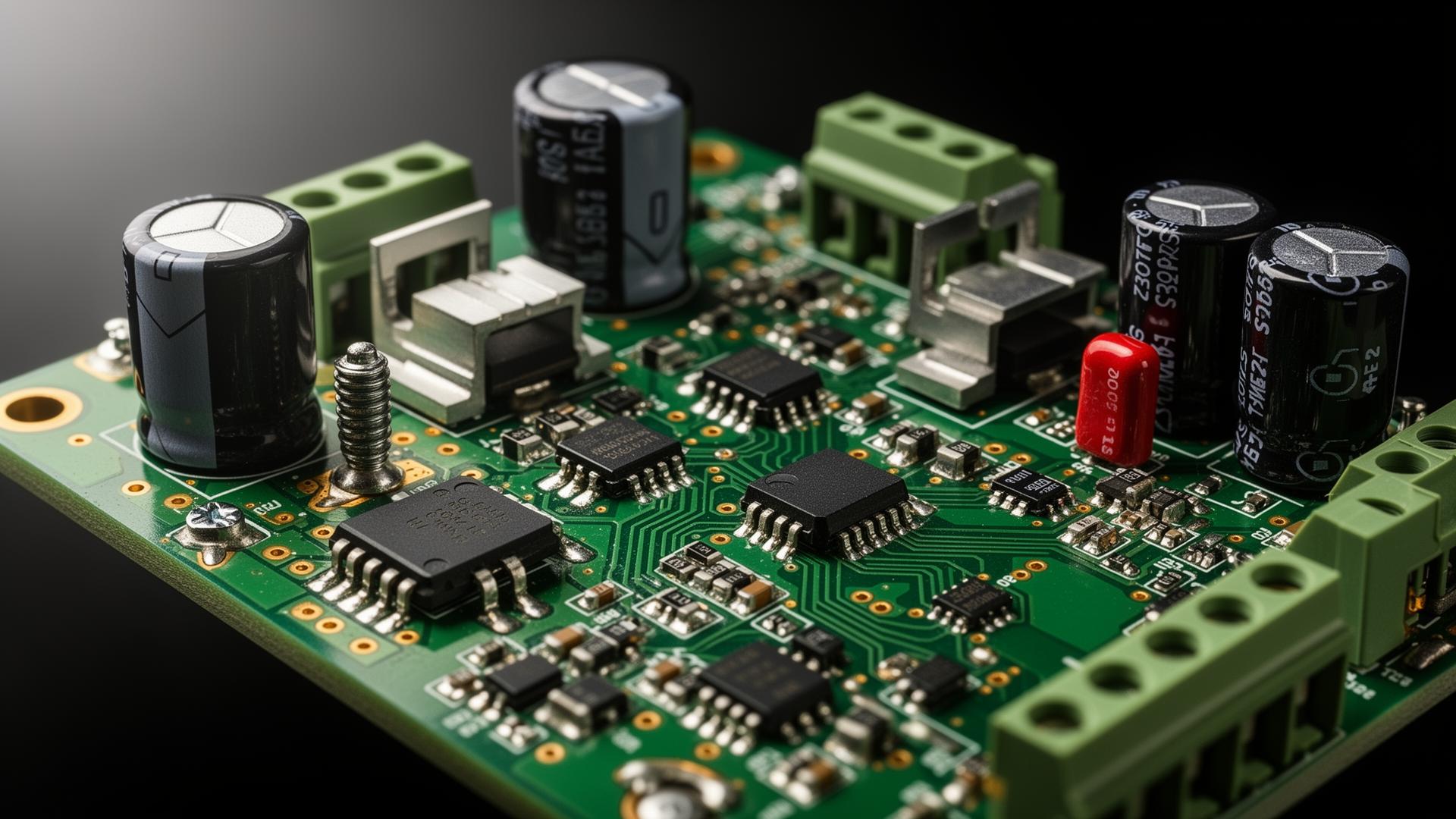 Macro close-up of an Ameronics custom power electronics PCB showing surface-mount MOSFETs, electrolytic capacitors, and copper traces